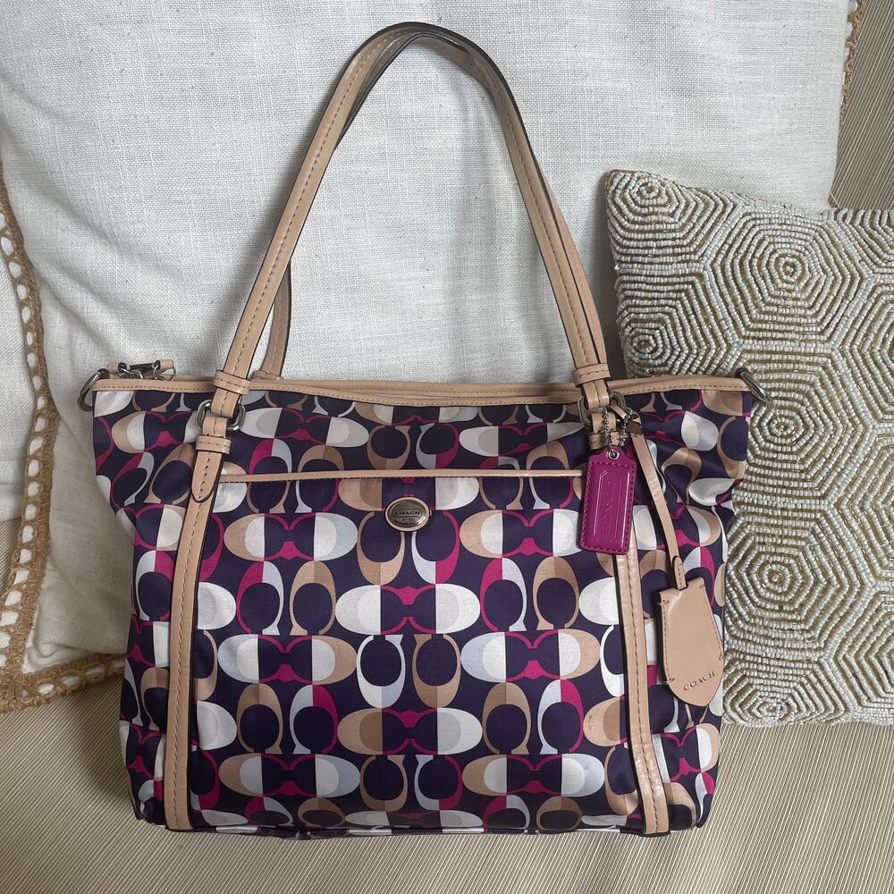 Coach Madison Op Art Glam Tote Shoulder Bag | Purple Pink, Natural Leather - Picture 1 of 8